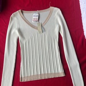 Marshalls Cream Ribbed V-Neck Long Sleeve Top with Tan Trim